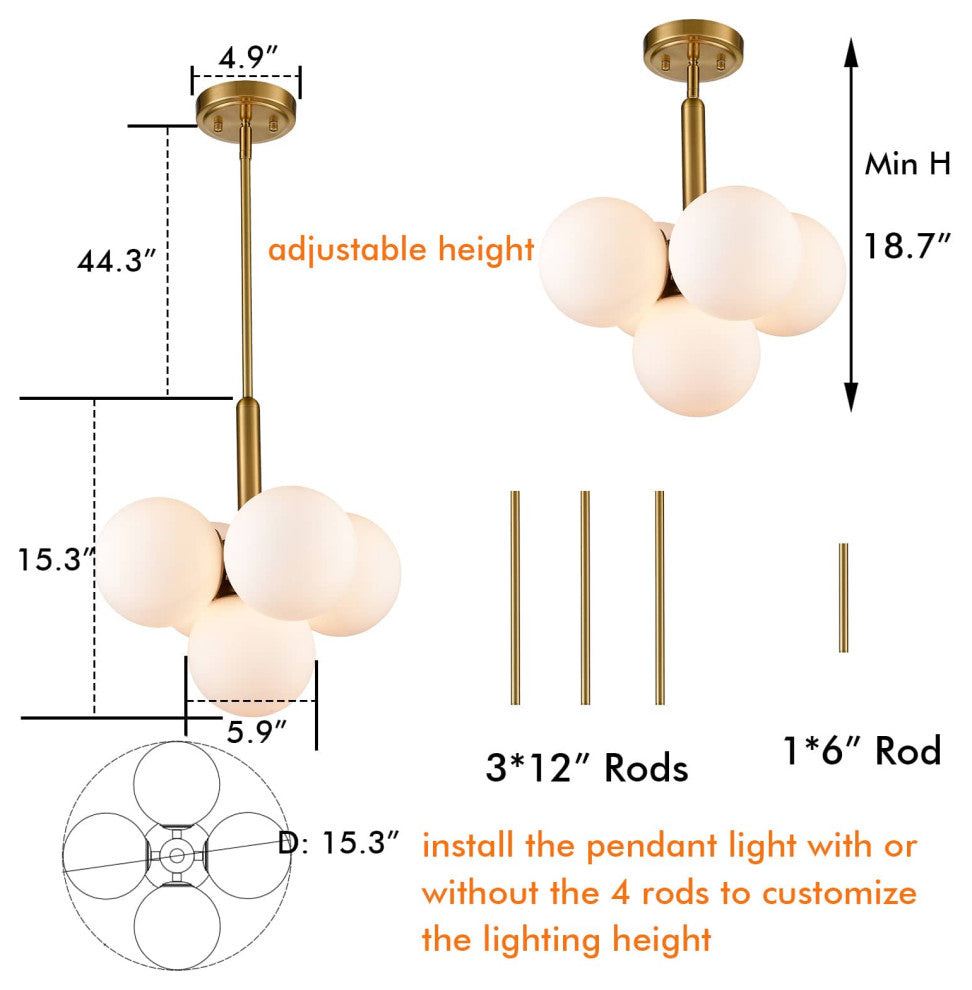Mid-Century 5 Light Gold Kitchen Island Pendant Lighting