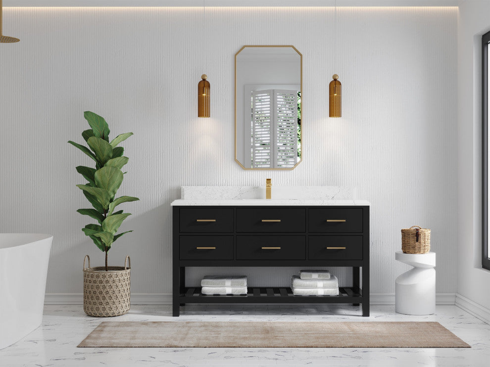 Parker 60" Single Sink Bath Vanity, Black 1.5" Empira White Quartz
