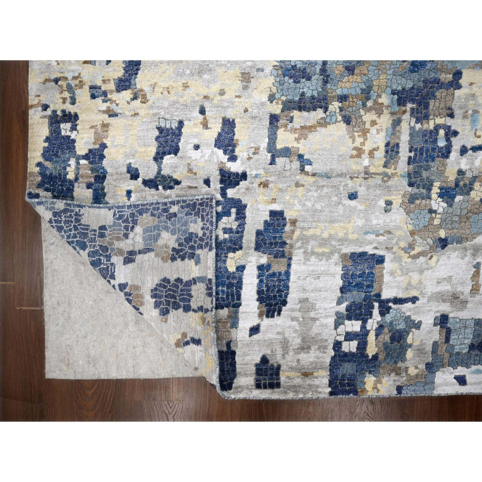 Blue, Mosaic Design, Wool and Silk, Hand Knotted, Oversized Rug, 13'9"x17'9"