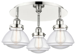 Olean-3 Light 18" Flush Mount-Polished Nickel, Clear Glass Shade