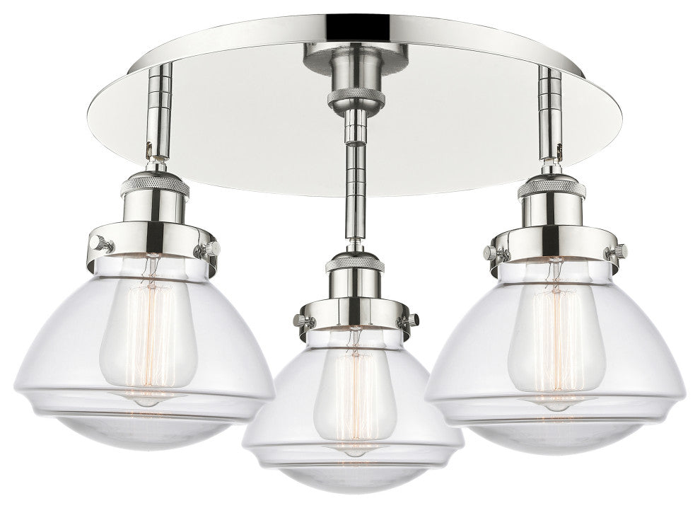 Olean-3 Light 18" Flush Mount-Polished Nickel, Clear Glass Shade