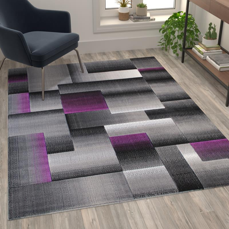 Elio Collection Color Blocked Area Rug, Purple, 5' X 7'