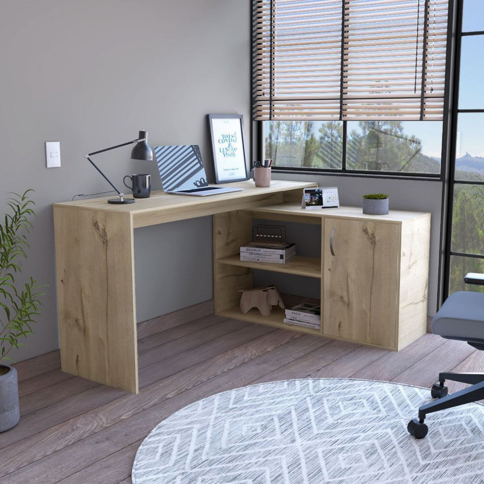 Boston L-Shaped Desk with Cabinet, 2 Inner Shelves, and 2 Outer Shelves, Light Oak