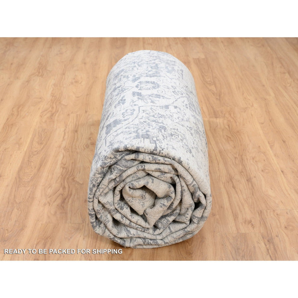 Gray Hand Knotted Erased Persian Design Wool and Silk Oversized Rug 14'2"x18'0"