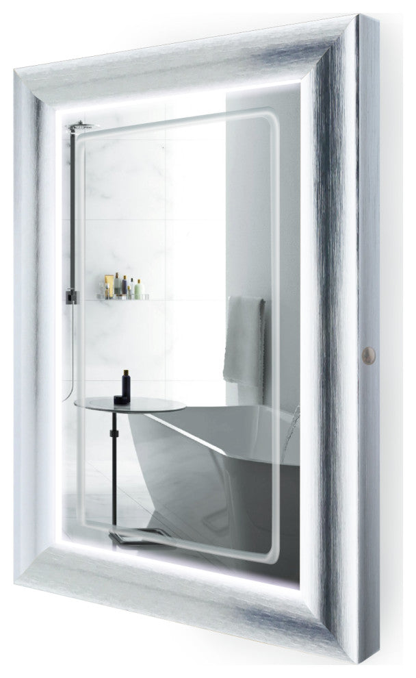 Led Lighted 24 Inch X 36 Inch Bathroom Satin Silver Framed Mirror