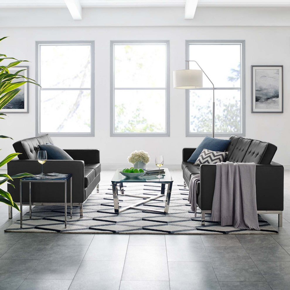 Tufted Loveseat and Sofa Set, Faux Leather, Silver Black, Modern, Lounge