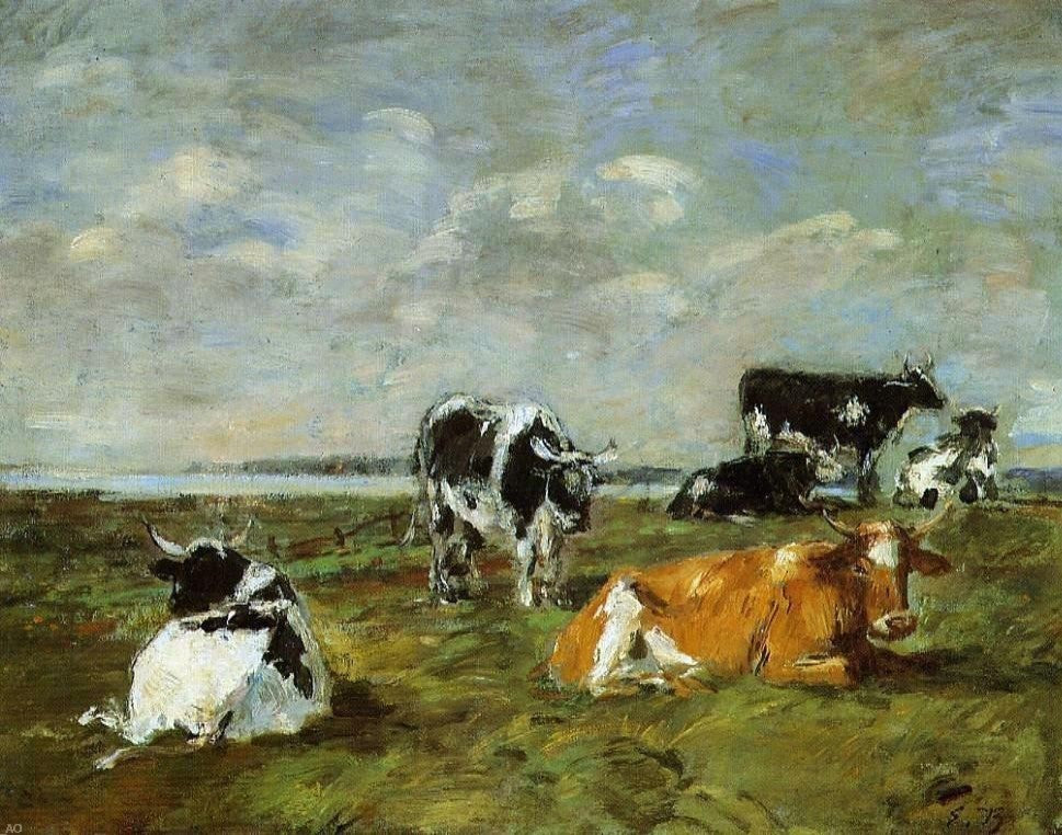 Eugene-Louis Boudin Cows near the Sea, 20"x25" Gallery Wrapped Canvas Print