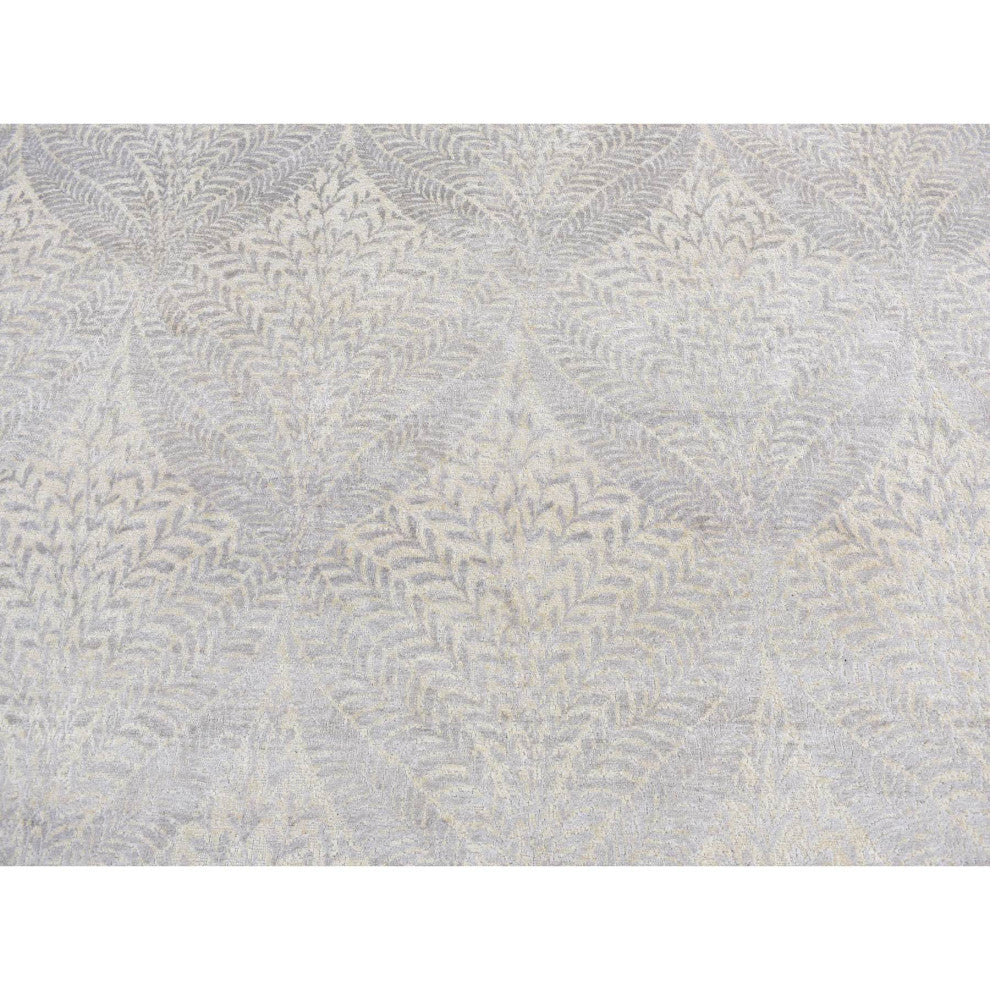 Silver Gray, Gold Leaf Design, Pure Silk, Hand Knotted, Rug, 8'10"x12'1"