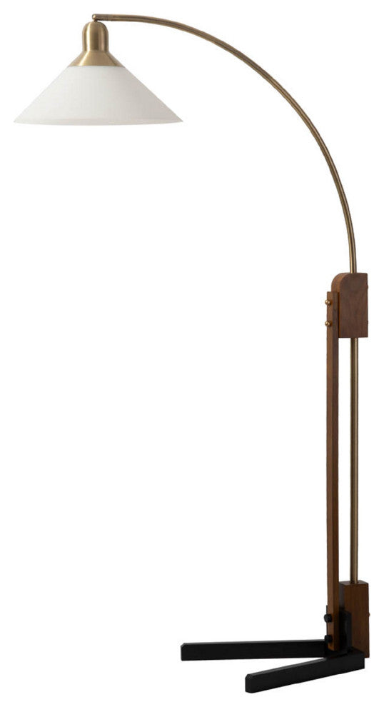Melmar Chairside Arc Floor Lamp -Weather Brass and Walnut, Dimmer Switch, V-Base