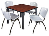Kee 42" Square Breakroom Table, Cherry, Black and 4 'M' Stack Chairs, Gray