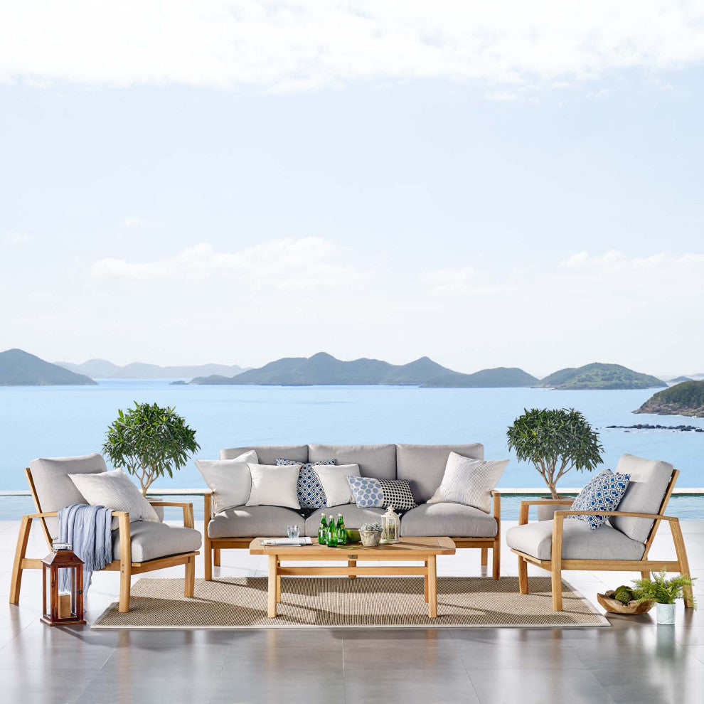 Lounge Sectional Sofa Chair Set, Wood, Brown Natural Gray, Modern, Outdoor