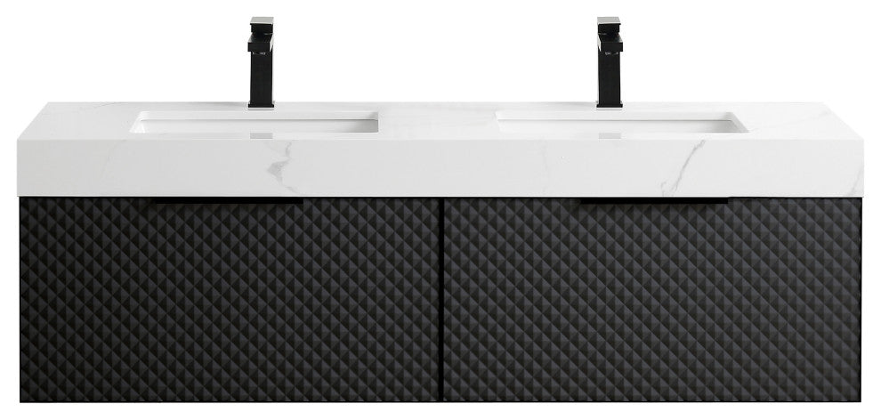 Manarola with Thick Quartz Wall Mount Vanity, Black of Night, 72"