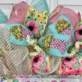 Hello Spring Floral Rain boots Pastel Wreath Handmade Deco Mesh