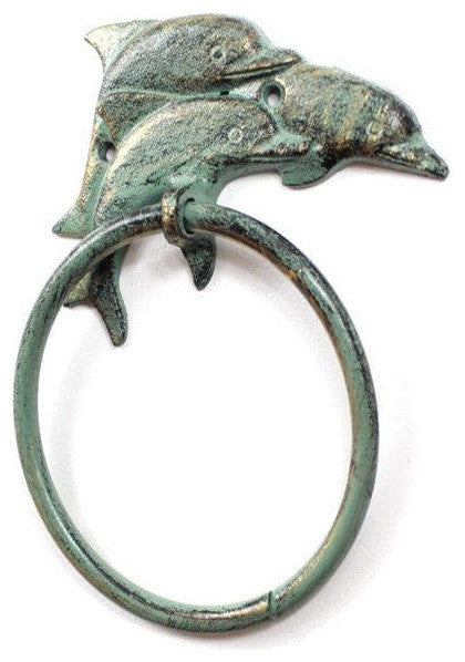 Antique Seaworn Bronze Cast Iron Dolphins Towel Holder 7"