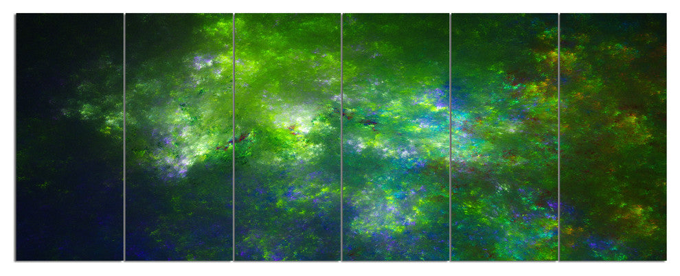 Green Fractal Sky with Blur Stars, Abstract Canvas Art Print, 70"x28", 6 Panels
