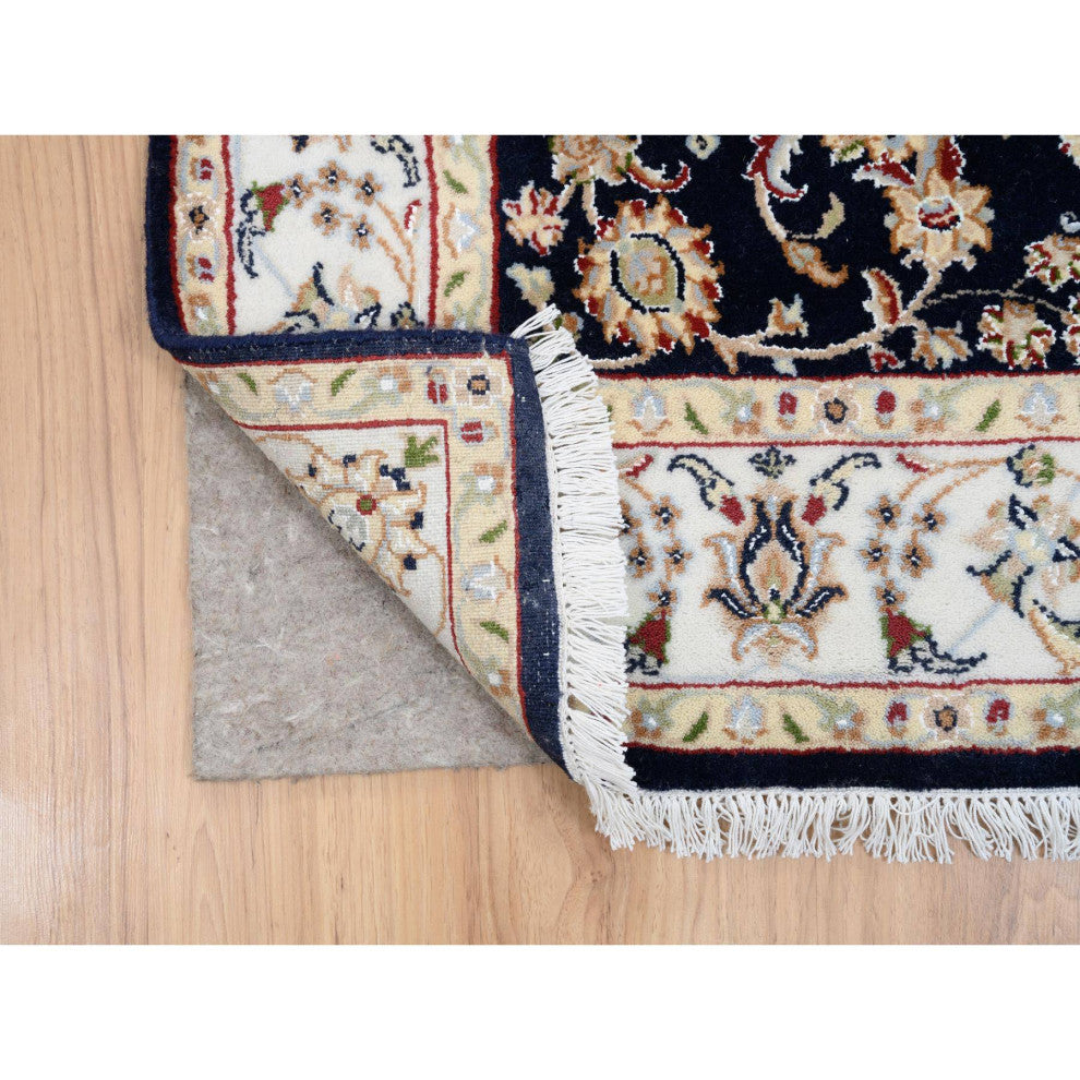Midnight Blue, Wool and Silk Hand Knotted, Nain Fine Runner Rug, 2'8" x 9'10"