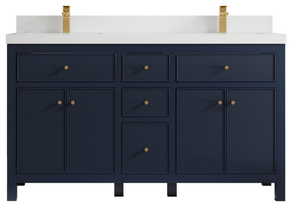 Sonoma 60 Double Sink Reeded Bathroom Vanity in Hale Navy Blue 2" White Quartz