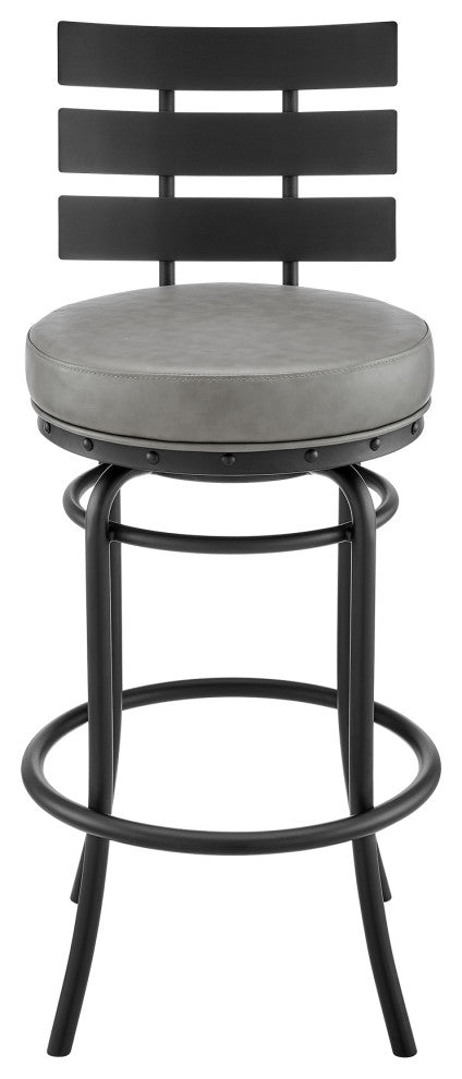 Natya Swivel Stool in Black Finish With Gray Faux Leather, 30"
