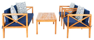 Safavieh Nunzio 4 Piece Indoor-Outdoor Set with Accent Pillows, White/Navy