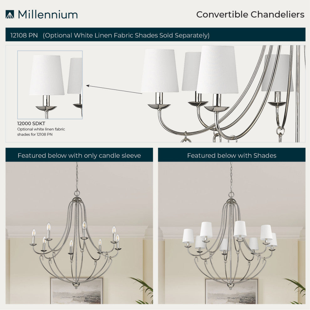 8 Light 36 in. Polished Nickel Chandelier