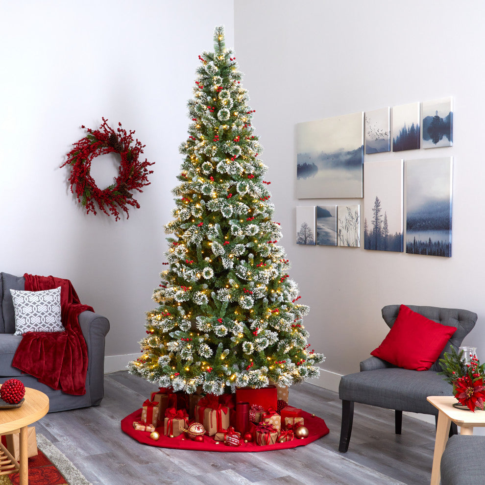 9' Frosted Swiss Pine Faux Christmas Tree With 700 Clear LED Lights and Berries