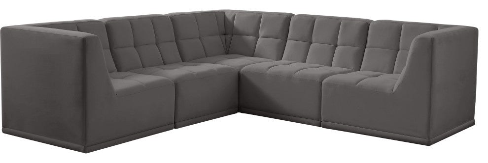 Relax Velvet Upholstered 5-Piece L-Shaped Modular Sectional, Grey