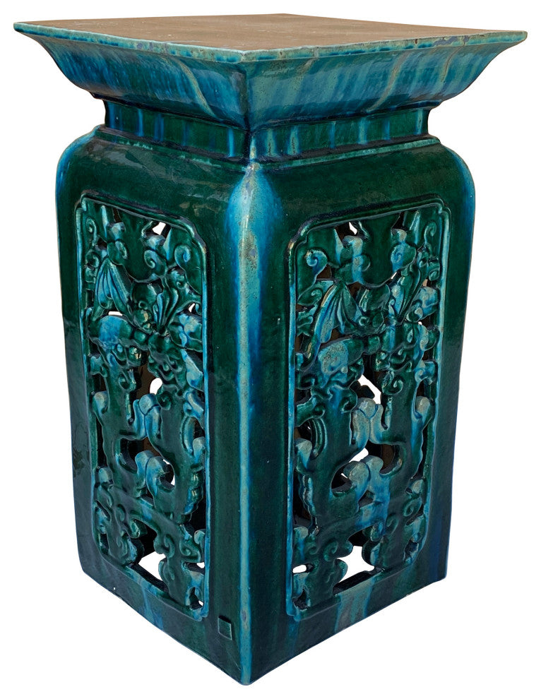 Ceramic Clay Green Square Tall Pedestal Table Bats Dragons Stand Hcs6996