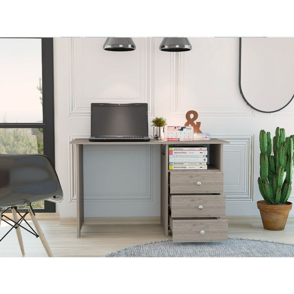 Antara Computer Desk with 3 Drawers, Open Shelf, Legs and Handles, Light Gray