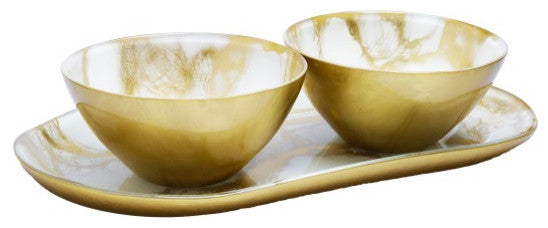 White and Gold Marbleized 2-bowl Relish Dish
