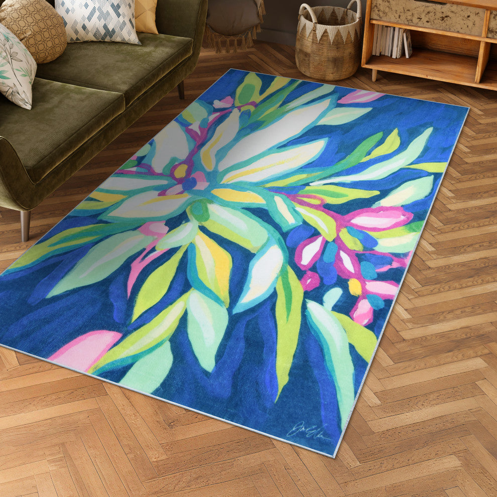 Blue Tropics I Hand Washable Flowers Power-loomed Art Area Rug, 5'x7.5'
