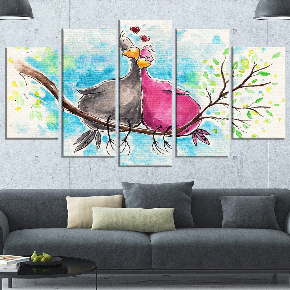 Two Birds in Love on Branch, Abstract Canvas Art Print, 60"x32", 5 Panels