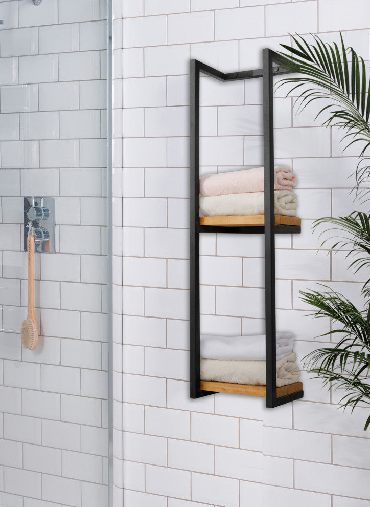 Towel Bathroom Rack, Black Metal, With Shelf 36"