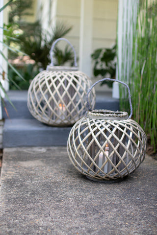 Low Round Grey Willow Lantern with Glass - Small