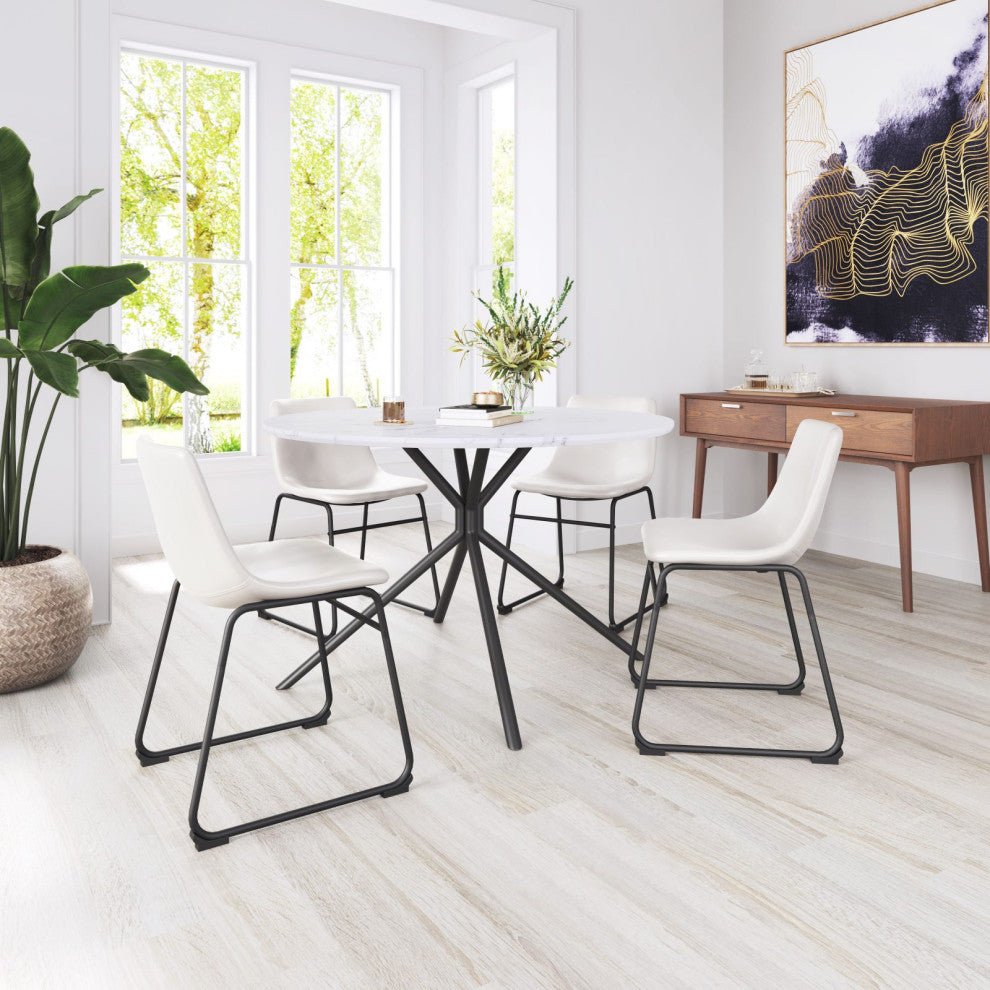 Dining Chair, Set of 2, Faux Vinyl Leather, Distressed White, Black, Industrial