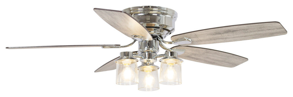 52 in Modern Flush Mounted Ceiling Fan in Chrome with Remote Control, 5 Blades