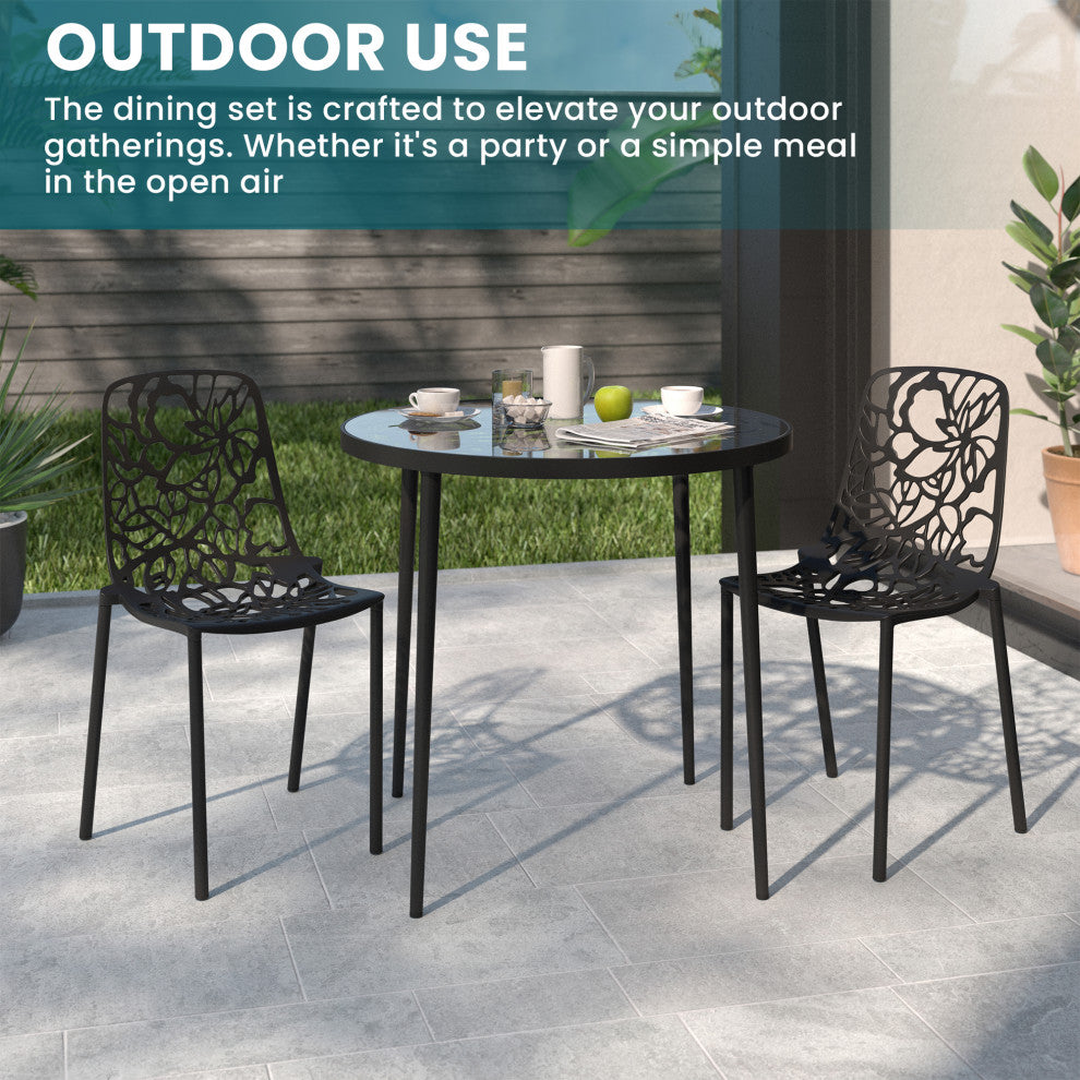 LeisureMod Devon Outdoor Dining Set with Glass Table and 2 Chairs, Black
