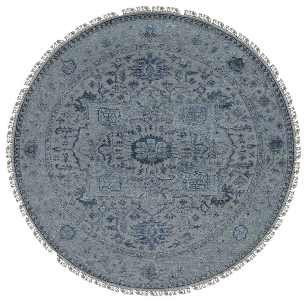 Gray Heriz Design Wool and Silk Hand Knotted Round Rug 8'1" x 8'1"