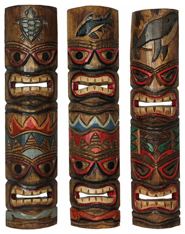 Set of 3 Double Tiki Mask Ocean Totem Hand Carved Wall Decor Sculpture 24 Inch