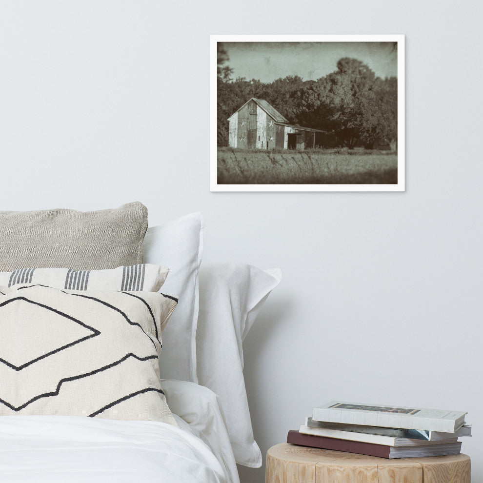 Patriotic Barn in Field Vintage Black and White Framed Photo Wall Art Print, White, 16" X 20"
