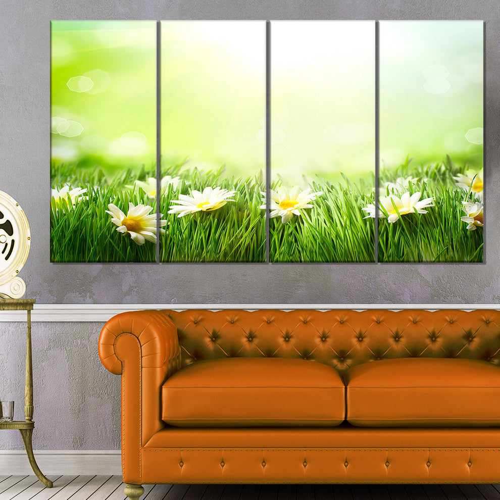 Spring Meadow with Daisies, Large Animal Canvas Art Print, 48"x28", 4 Panels