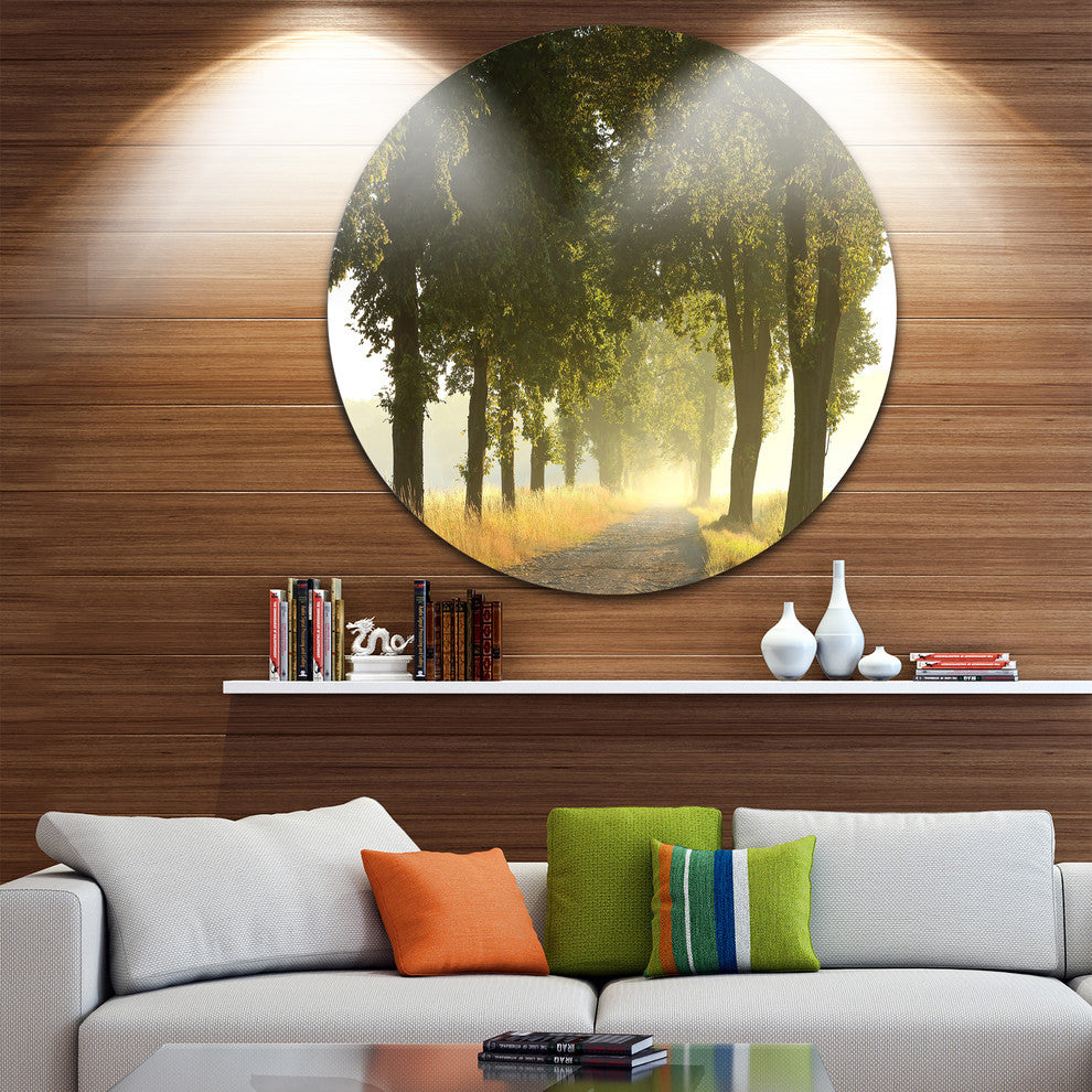 Country Road Below Green Trees, Landscape Round Metal Wall Art, 11"