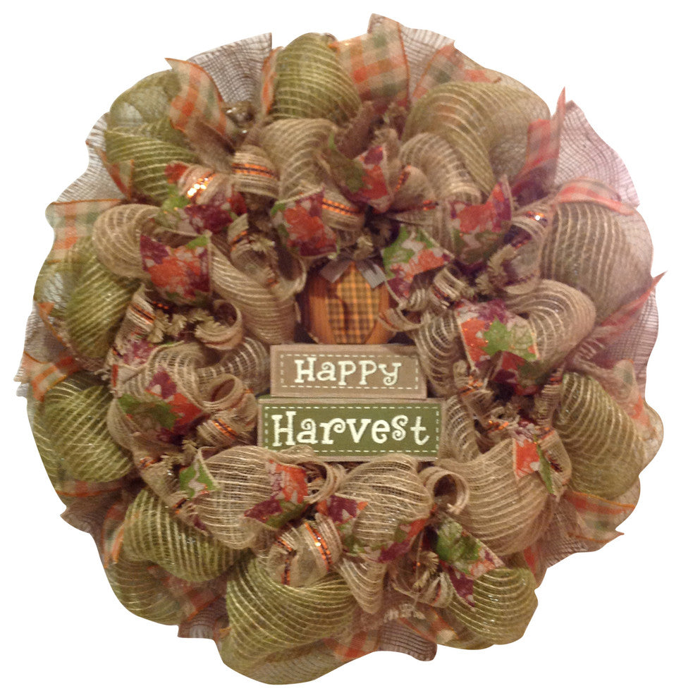 Happy Harvest Autumn Burlap Wreath Handmade Deco Mesh