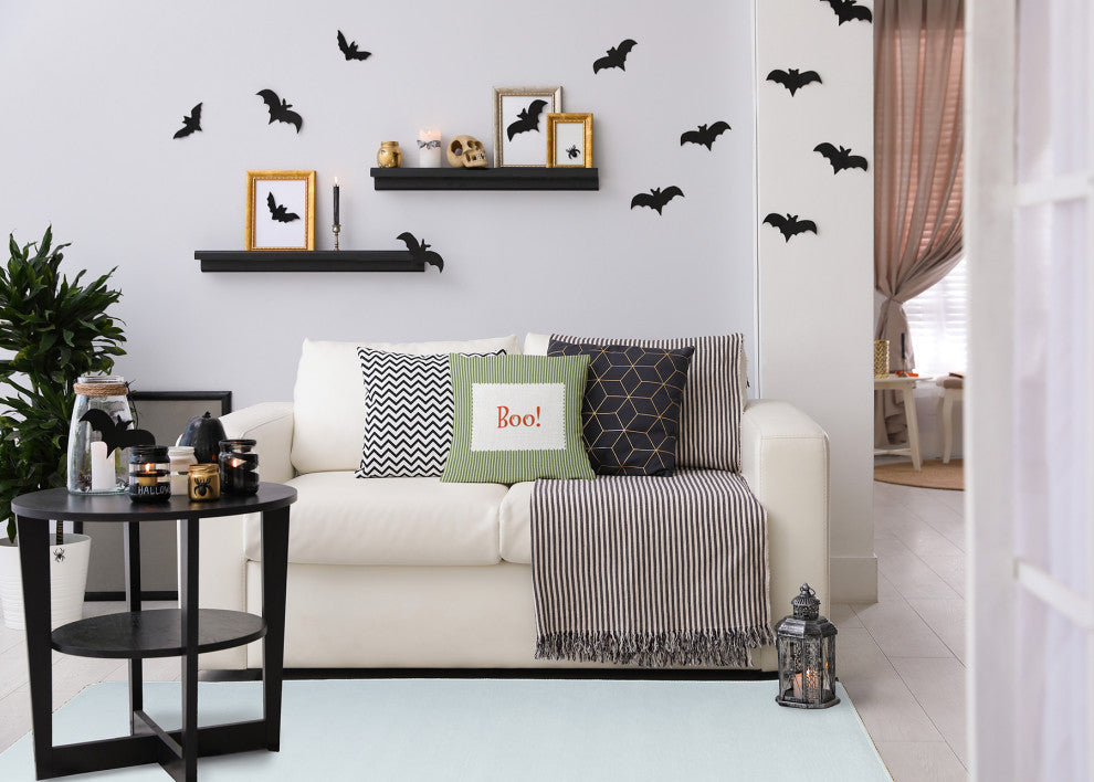 Halloween Boo Ticking Accent Pillow, Scallion, 16"x16"