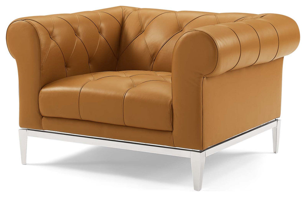 Tufted Armchair and Loveseat Sofa Set, Leather, Tan, Modern, Lounge Hospitality