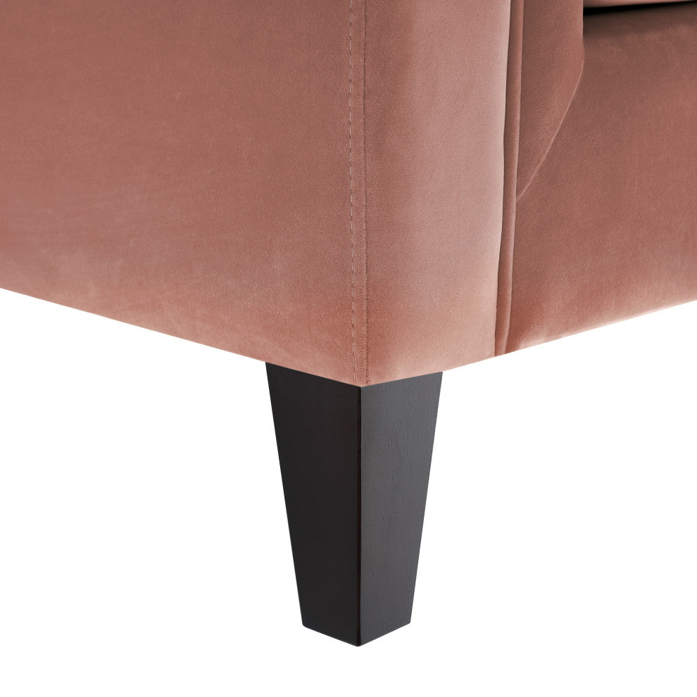 Branwen Velvet Button Tufted Sofa, Square Arms Tapered Leg, Blush