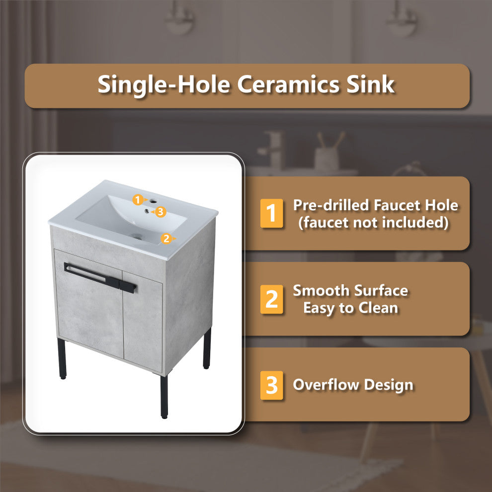 Freestanding/Floating Bathroom Vanity With white Ceramics Top, Grey, 24"