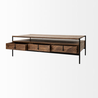 Glenn II 54x30 Brown Solid Wood Black Metal Base With3 Drawers Coffee Table