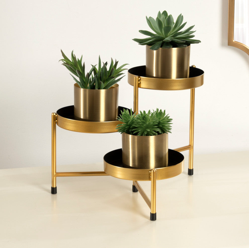 Finn Tiered Tabletop Planter, Black/Gold 7.25x7.25x10