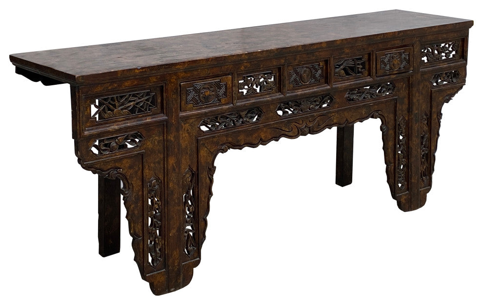 Chinese Brown Wood Open Flower RuYi Carving Apron Altar Console Table Hcs7802