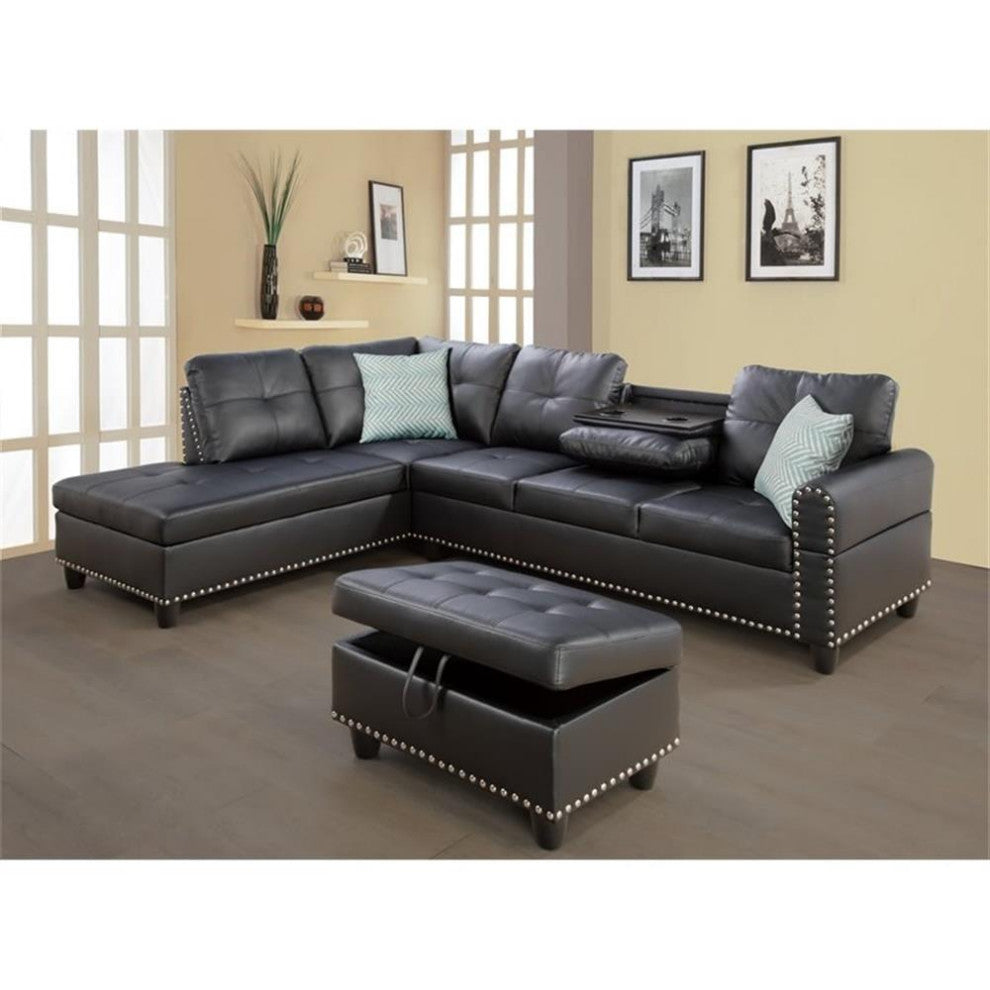 Trent Home Transitional Faux Leather Sectional Sofa with Ottoman in Black